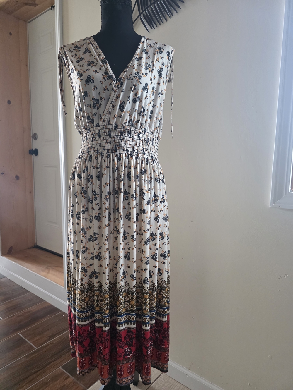 Cream Floral Border Maxi Dress with Smocked Waist